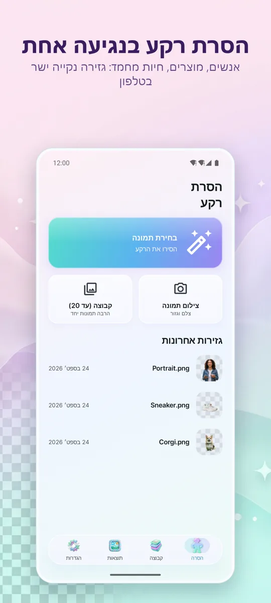 הסרת רקע: המסך הראשי