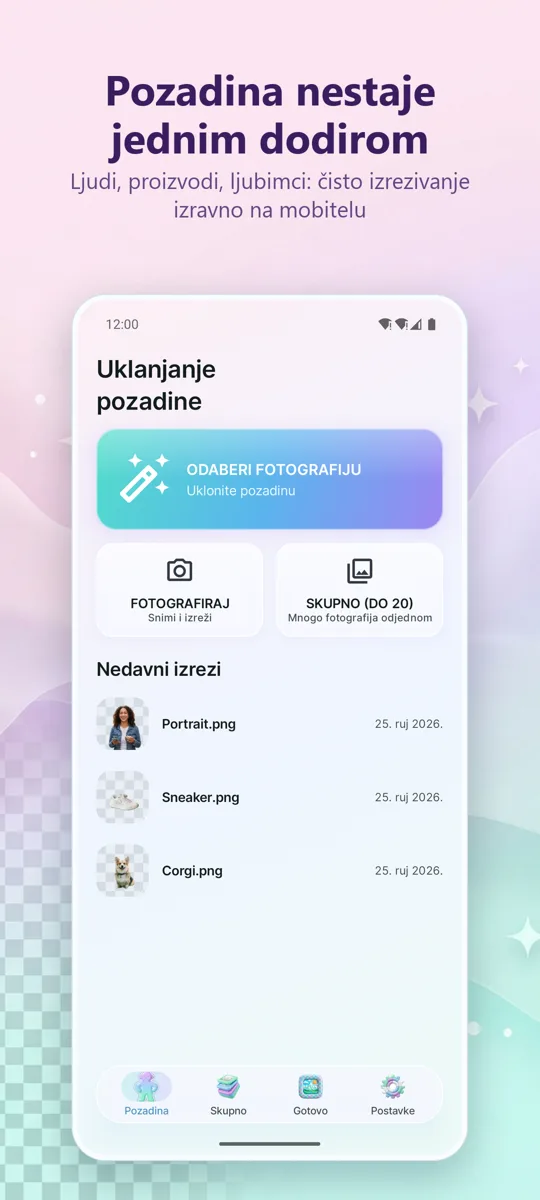 Uklanjanje pozadine: glavni zaslon
