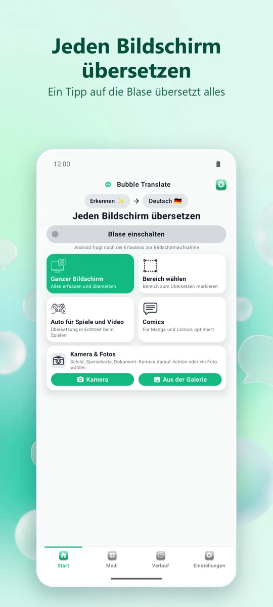Bubble Translate: Hauptbildschirm