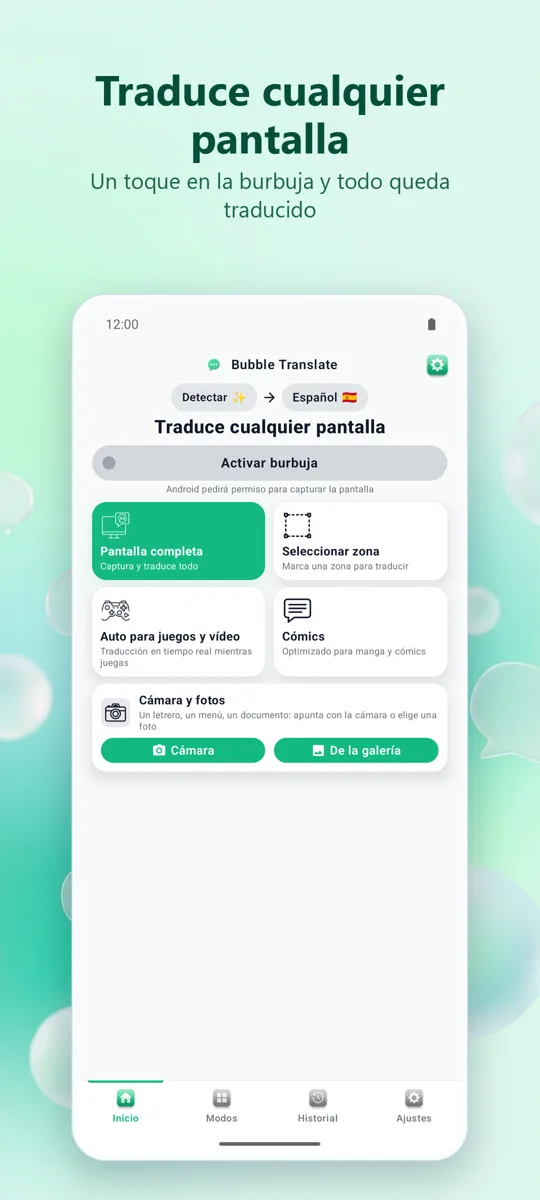 Bubble Translate: pantalla principal
