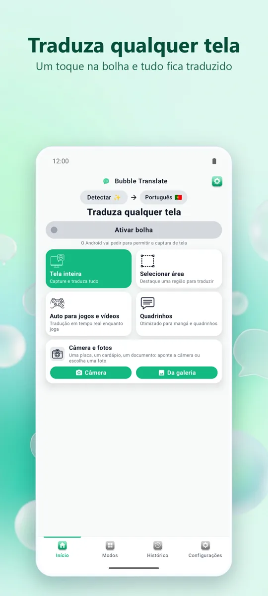 Bubble Translate: tela principal