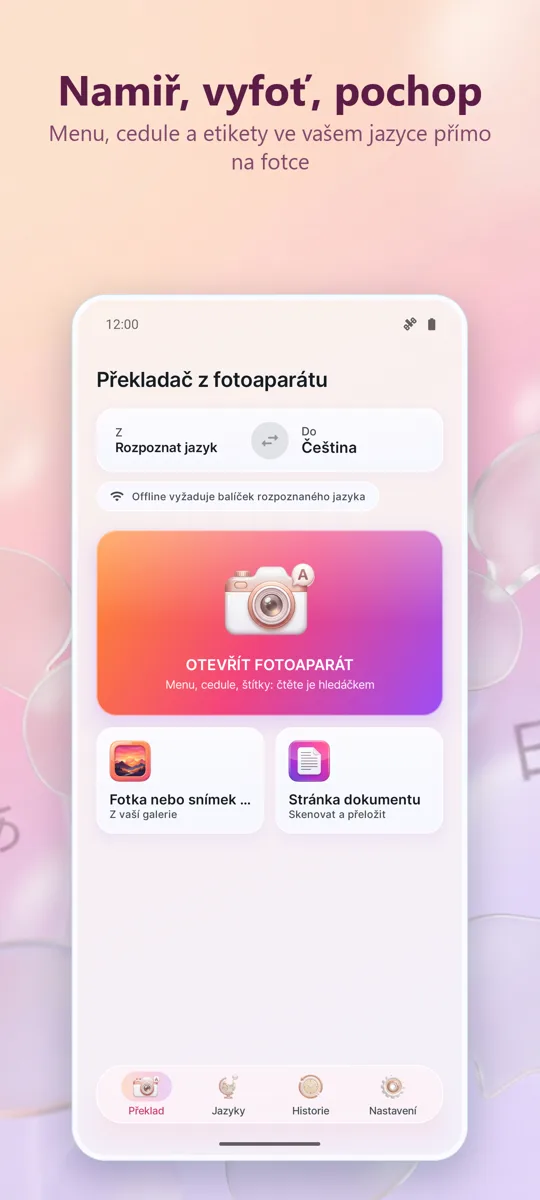 Překladač fotoaparátem: hlavní obrazovka