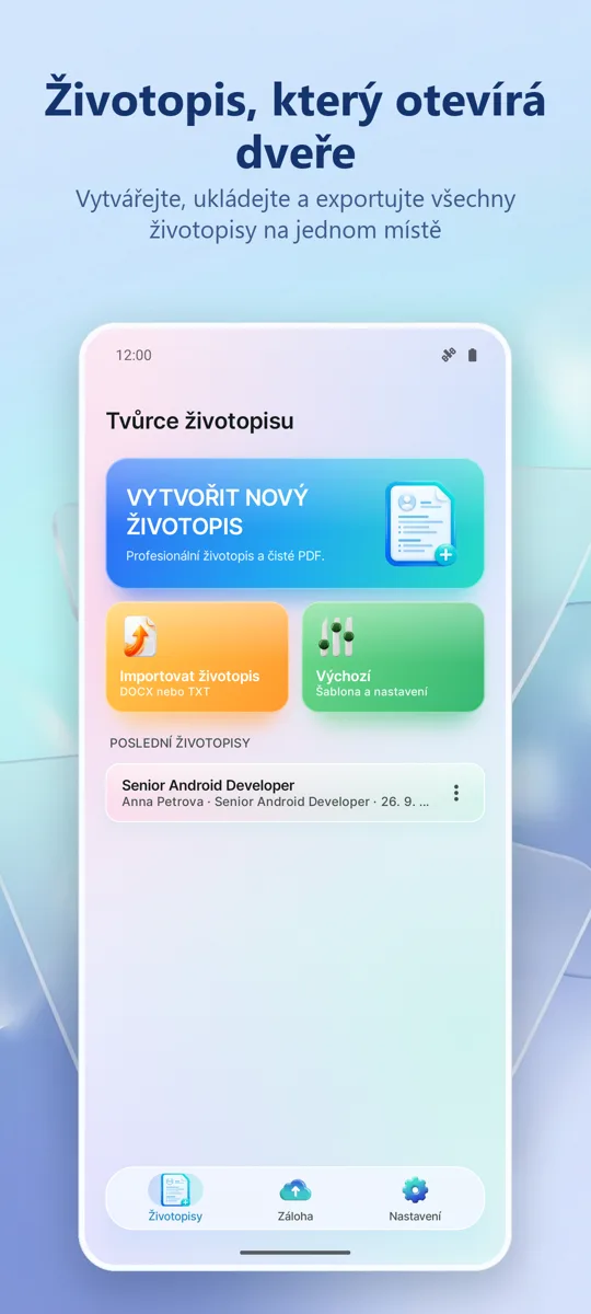 Tvorba životopisů: CV Maker: hlavní obrazovka