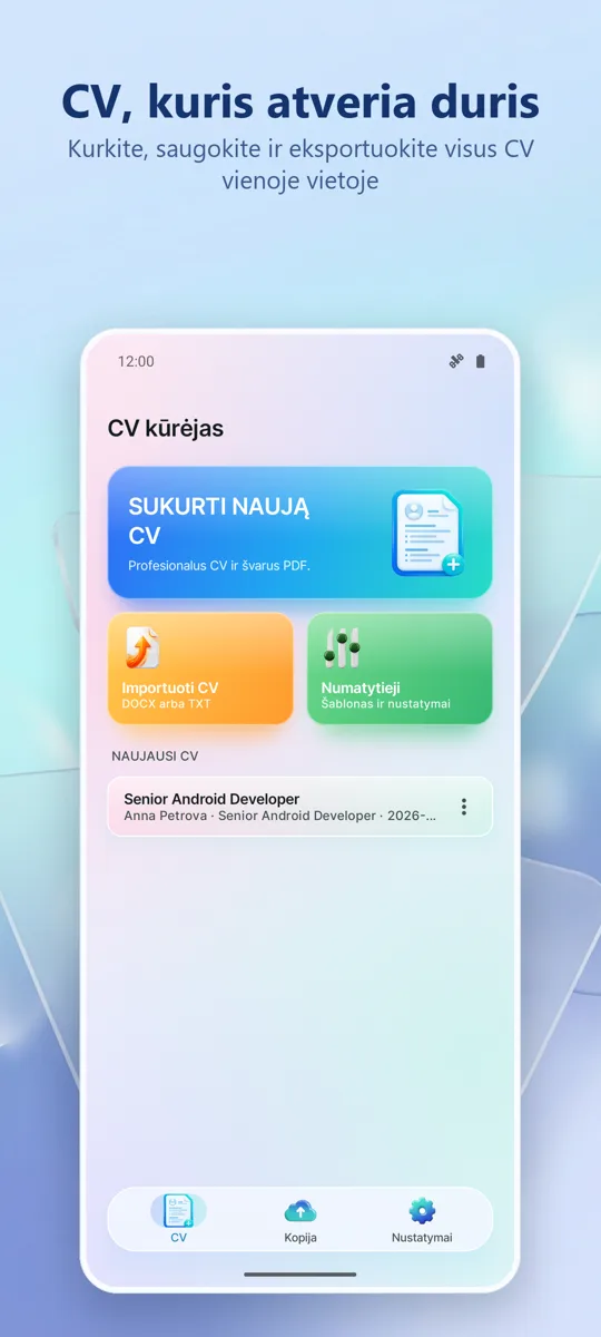 CV kūrimas: Gyvenimo aprašymas: pagrindinis ekranas