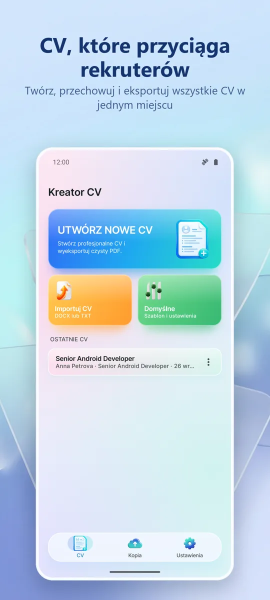 Kreator CV: Twórz Życiorysy: ekran główny
