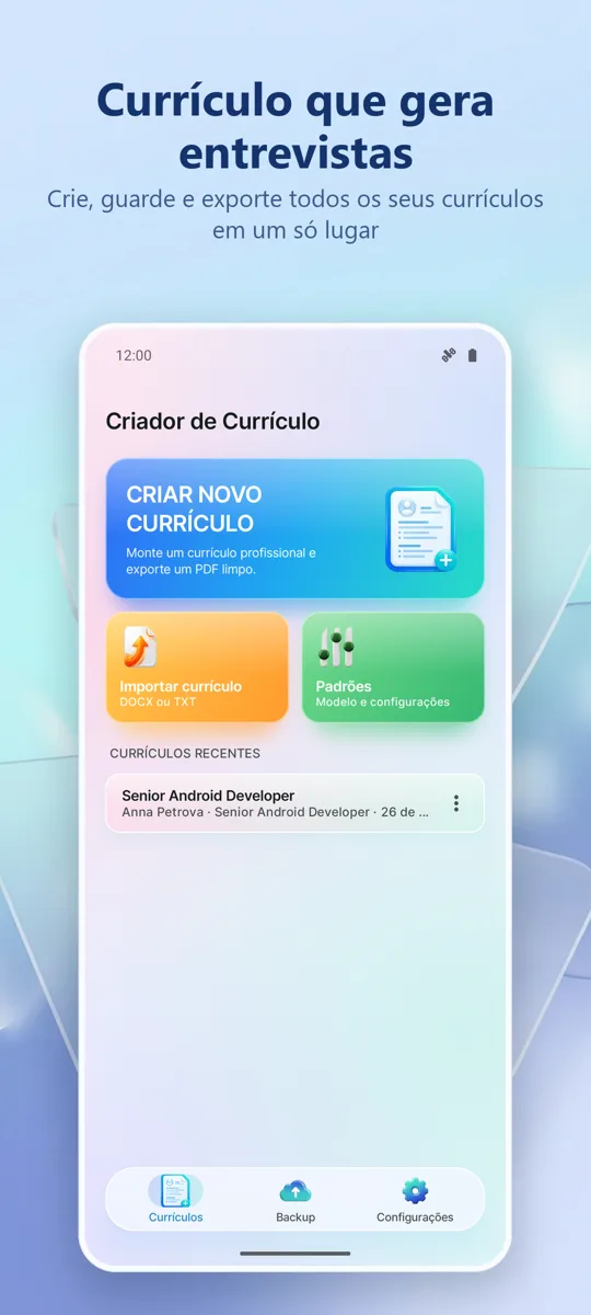 Criador de Currículo: tela principal