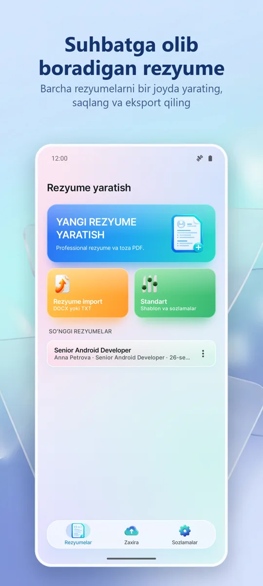 Rezyume tuzuvchi: CV Maker: asosiy ekran