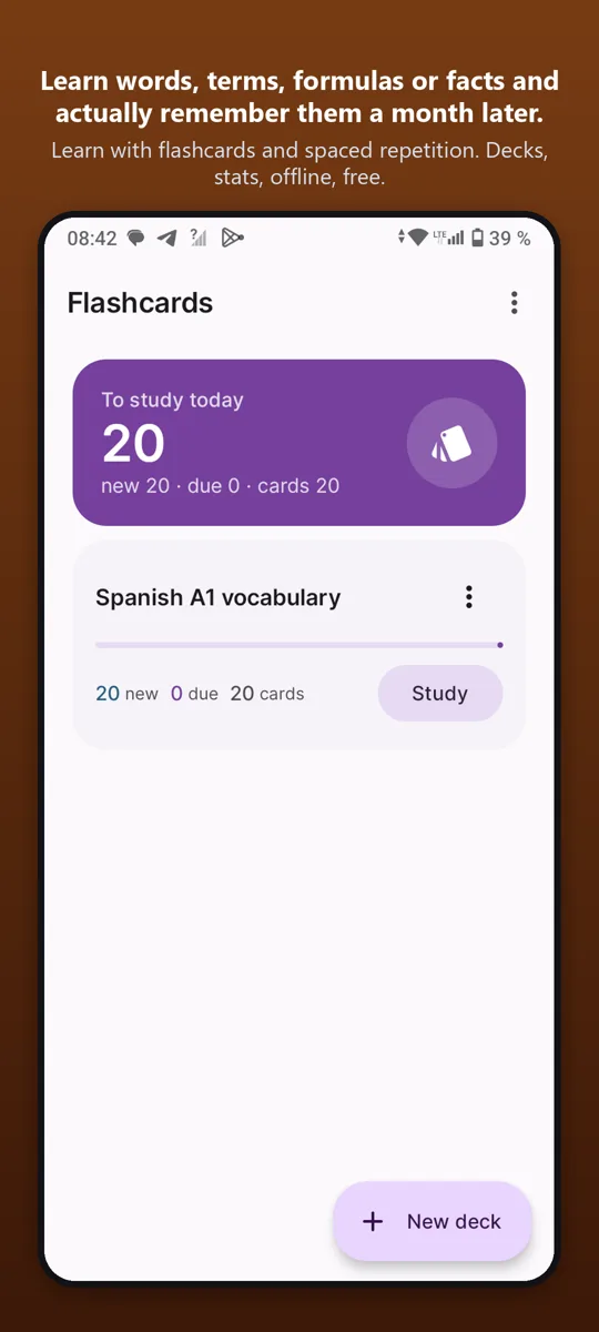 Flashcards: Spaced Study — main screen