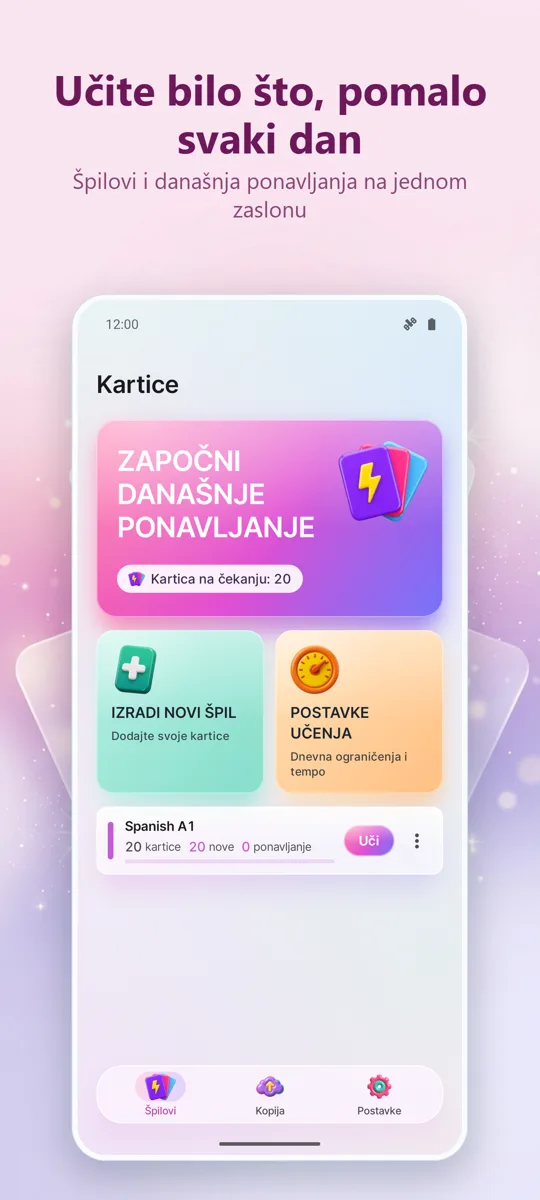 Kartice: Učenje s razmacima: glavni zaslon