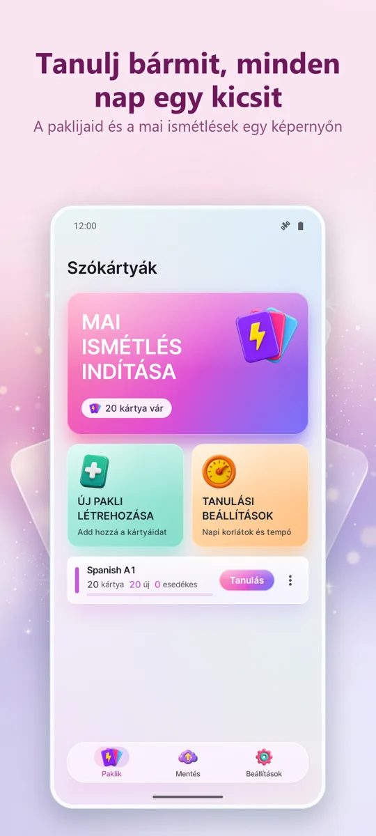Kártyák: Időzített tanulás: főképernyő