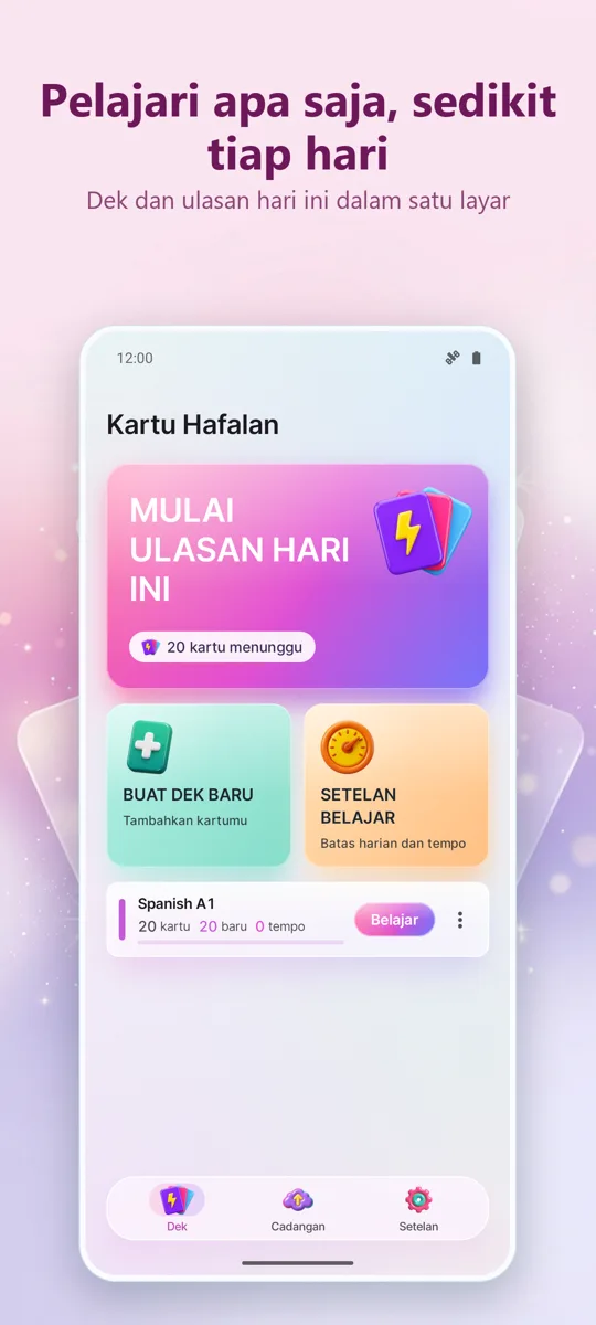 Flashcards: Belajar Berjarak: layar utama