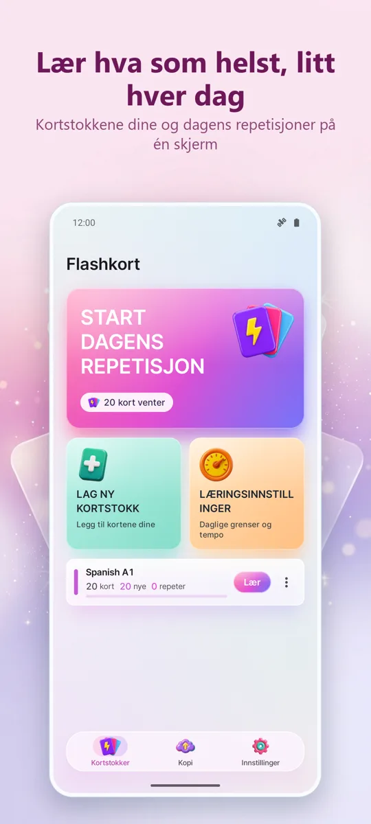 Flashkort: Repetert læring: hovedskjerm