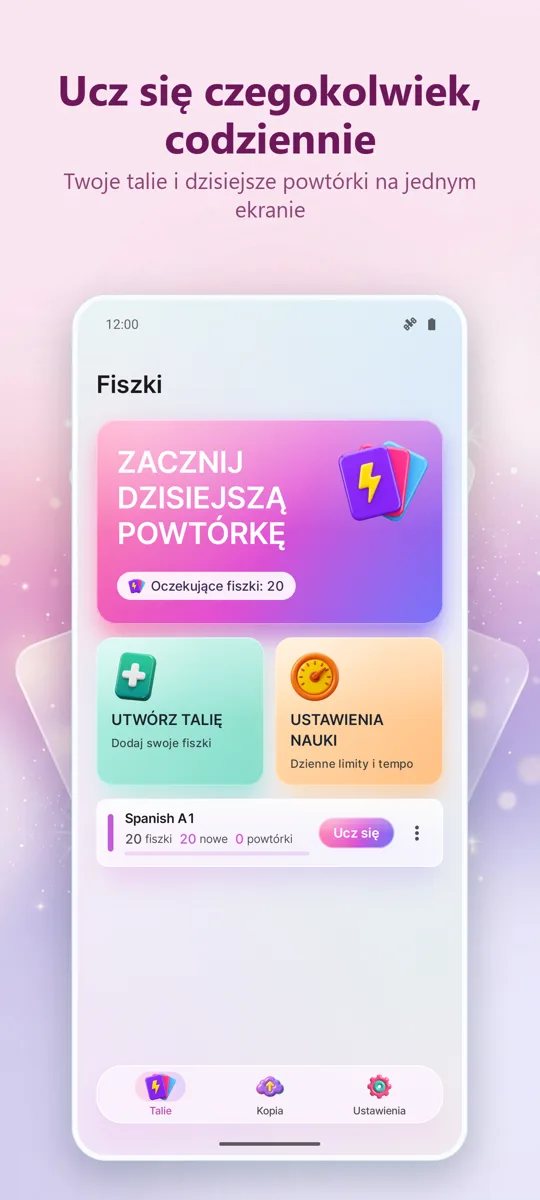 Fiszki: Nauka z powtórkami: ekran główny