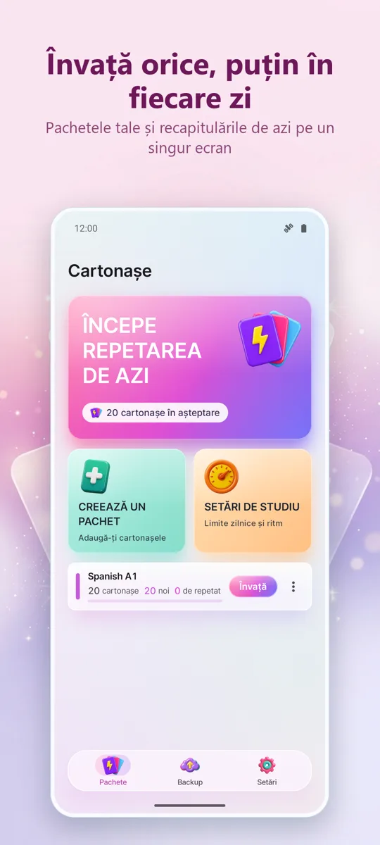 Flashcards: Studiu spațiat: ecranul principal