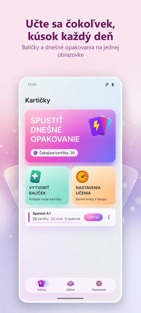 Kartičky: Učenie s rozostupmi: hlavná obrazovka