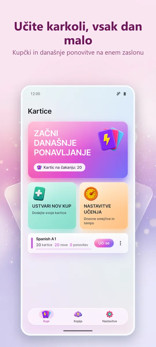 Kartice: Učenje z razmiki: glavni zaslon
