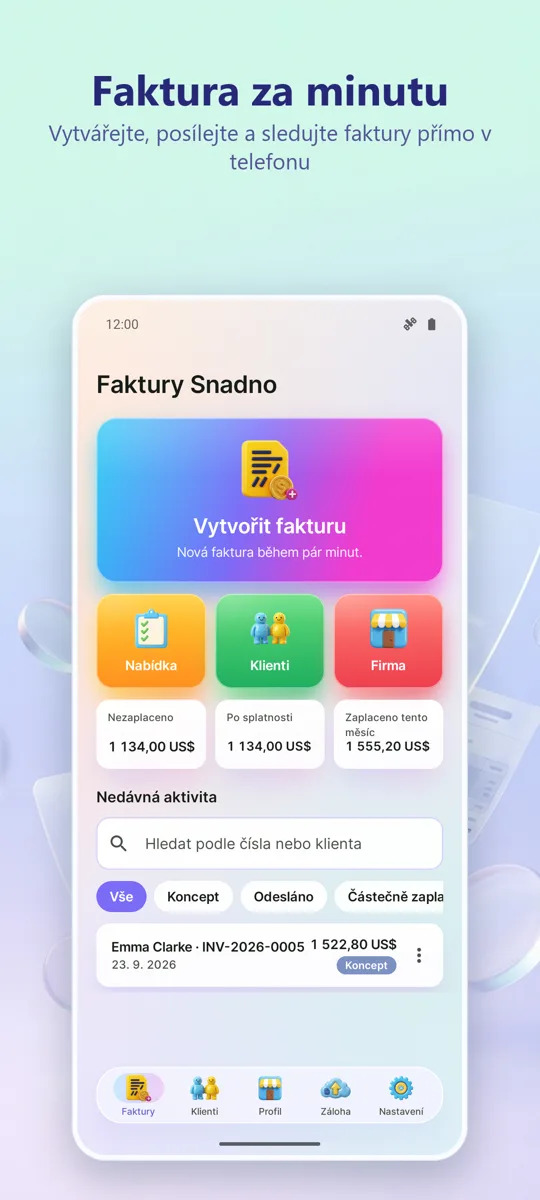 Faktury a odhady PDF: hlavní obrazovka