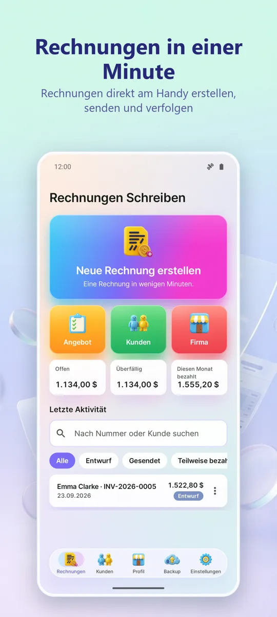 Rechnungs-App: PDF erstellen: Hauptbildschirm