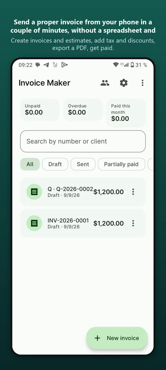 Invoice Maker: Billing PDF — main screen