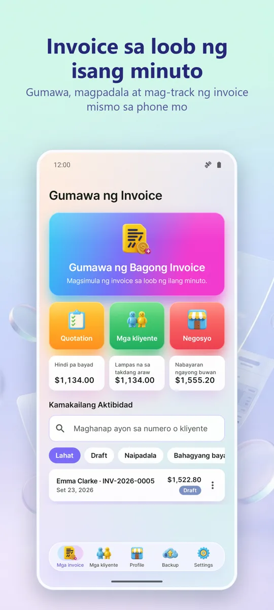 Gumawa ng Invoice: Billing PDF: pangunahing screen