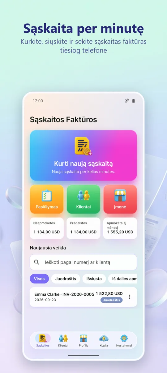 Sąskaitų kūrimas: PDF: pagrindinis ekranas