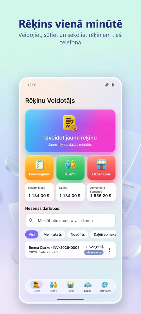 Rēķinu veidotājs: PDF: galvenais ekrāns