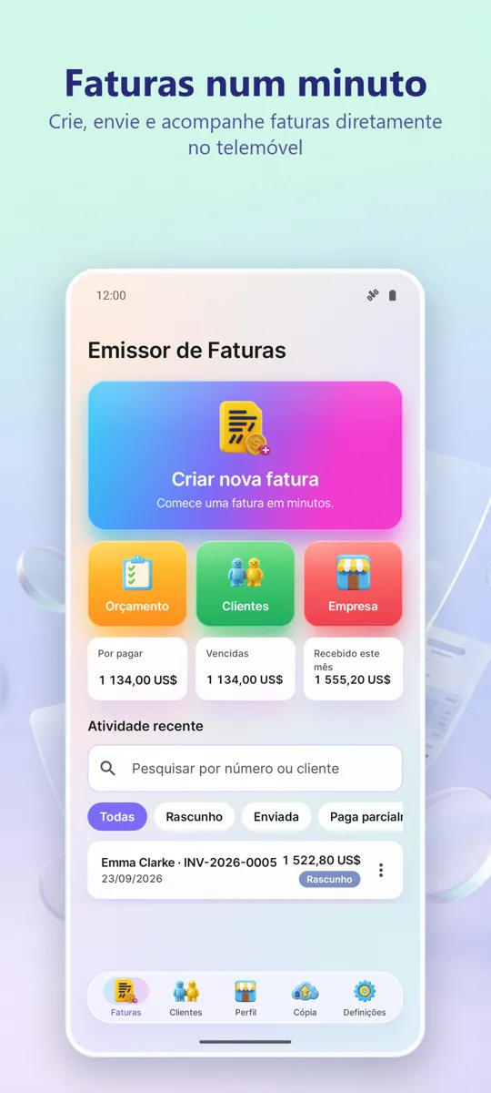 Criador de Faturas: PDF: ecrã principal