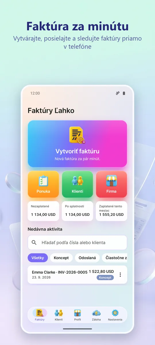 Faktúry a odhady PDF: hlavná obrazovka
