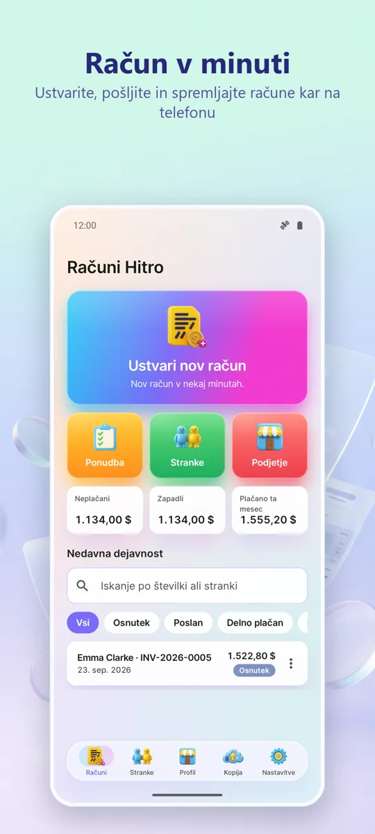 Izdelovalec računov: PDF: glavni zaslon