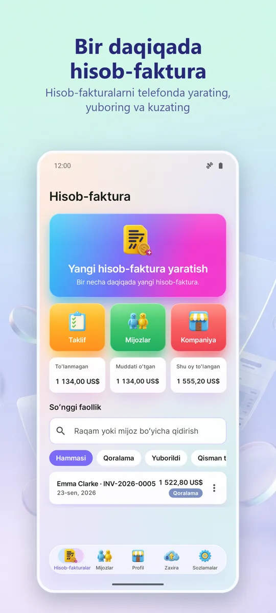 Faktura Yaratish: PDF Hisob: asosiy ekran
