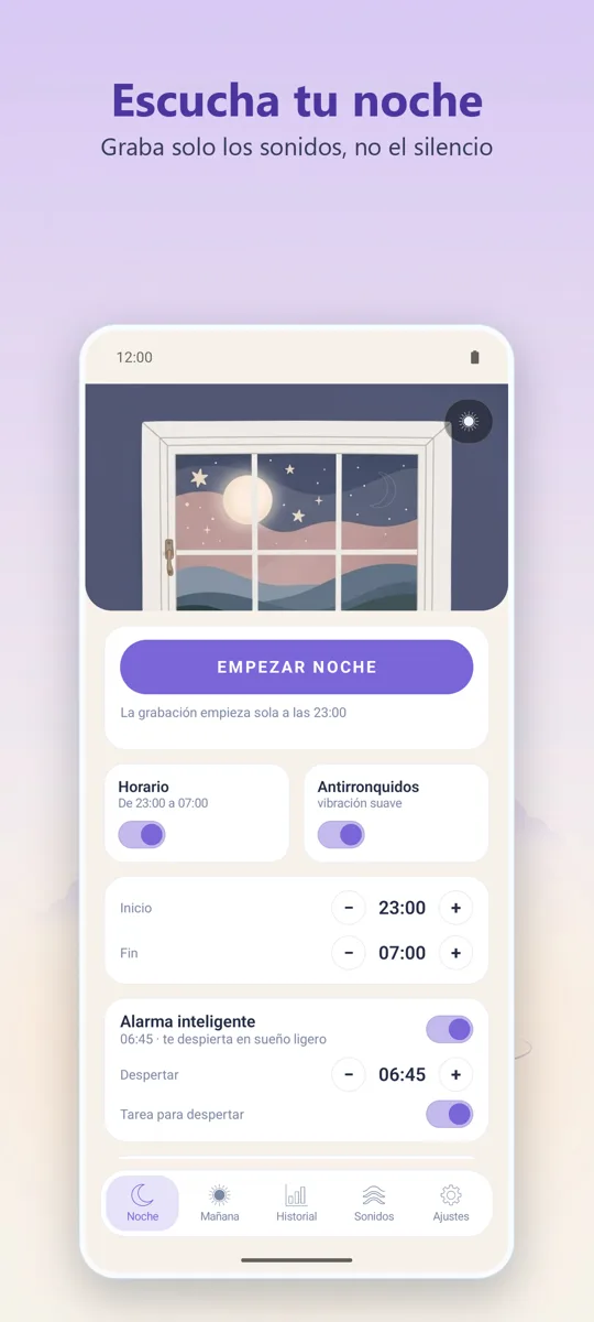 Grabadora nocturna: pantalla principal