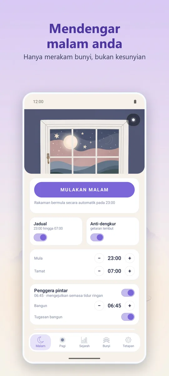 Perakam Malam: skrin utama