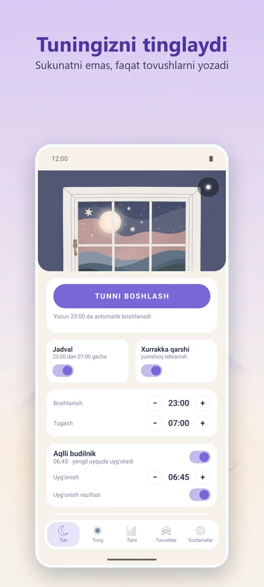 Tungi diktofon: asosiy ekran