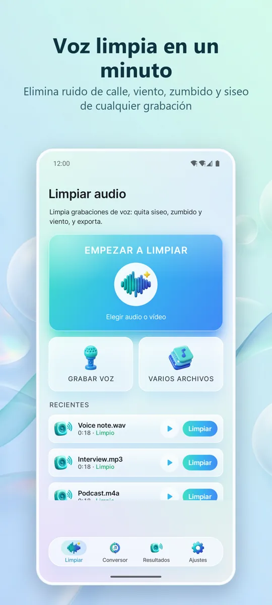 Eliminar Ruido: Audio Limpio: pantalla principal