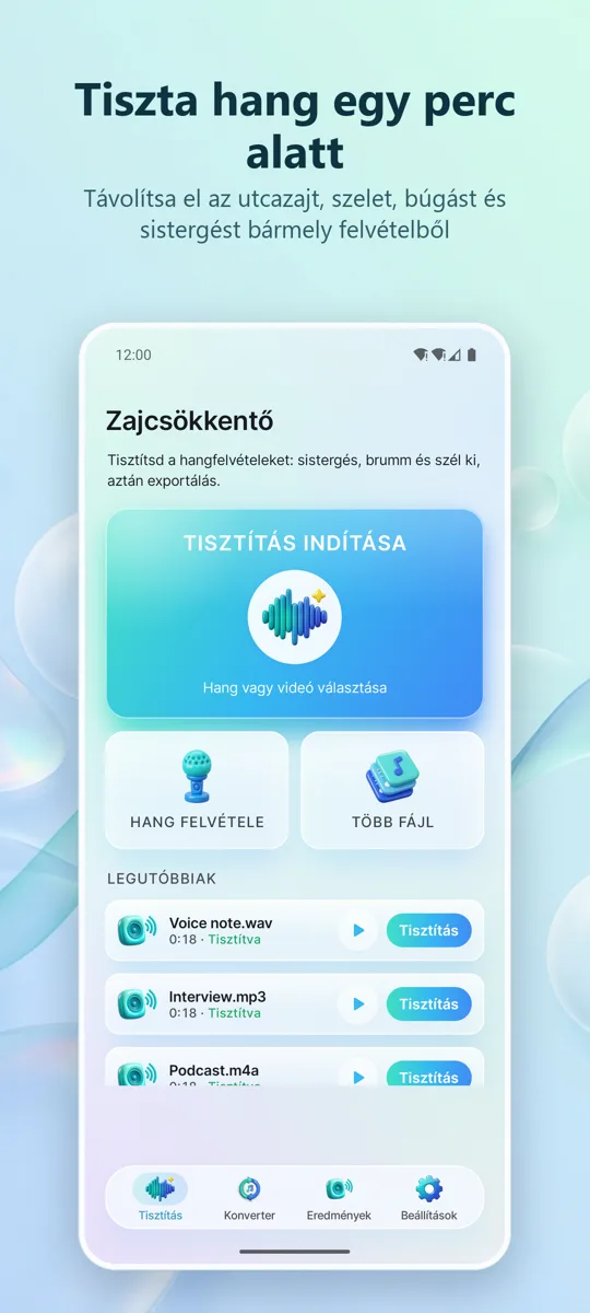 Zajszűrő: Tiszta hang: főképernyő