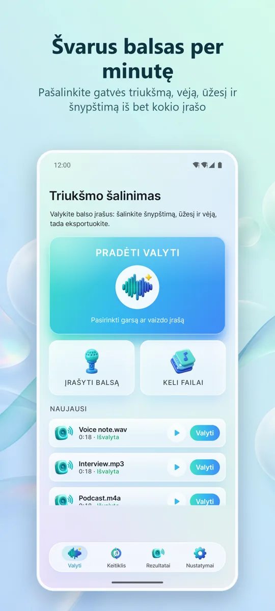Triukšmo šalintojas: pagrindinis ekranas