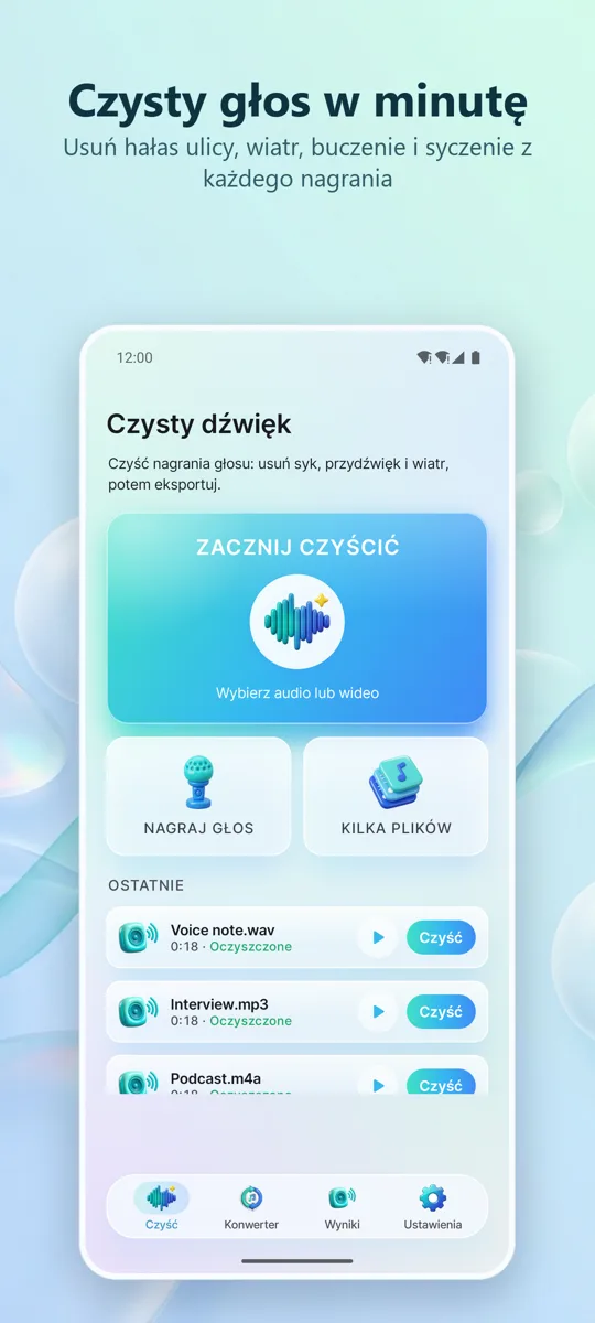 Usuwanie Szumów: Czysty Dźwięk: ekran główny