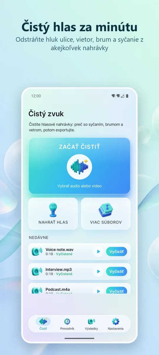 Odstraňovač šumu: Čistý zvuk: hlavná obrazovka
