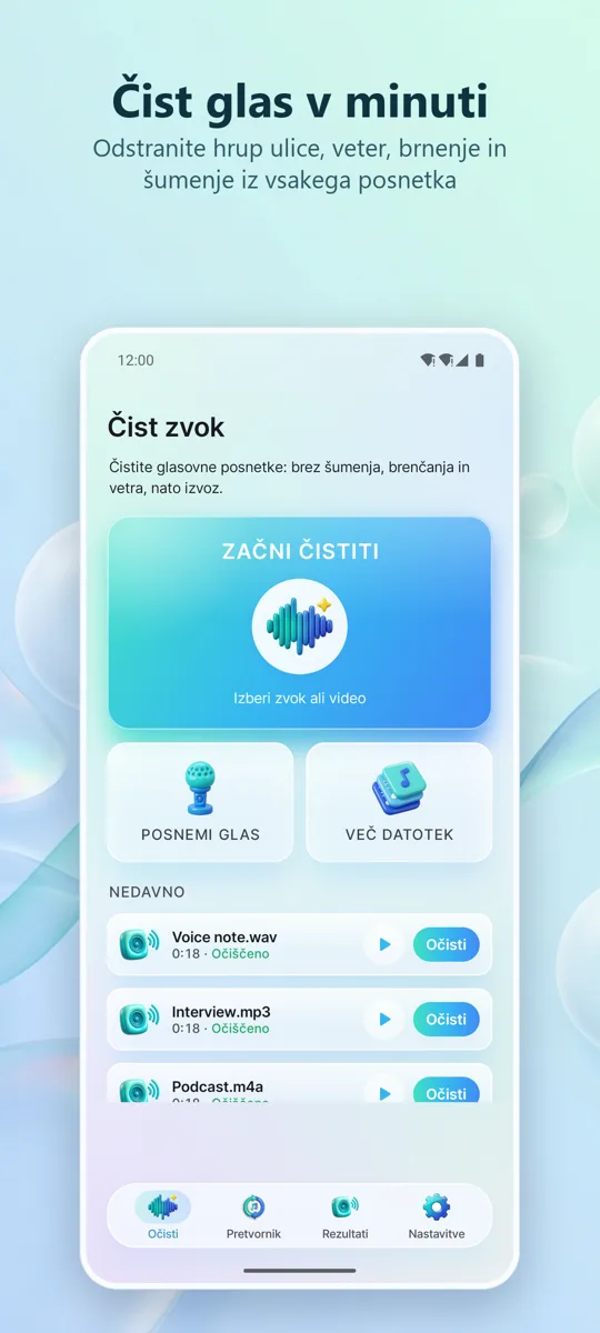 Odstranjevalec šuma: Čist zvok: glavni zaslon
