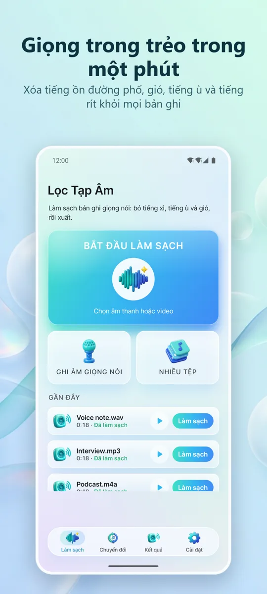 Loại Bỏ Tiếng Ồn: màn hình chính