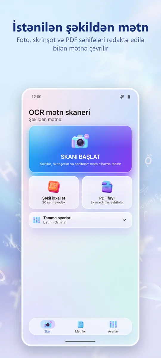 OCR Skanner: Şəkildən Mətnə: əsas ekran