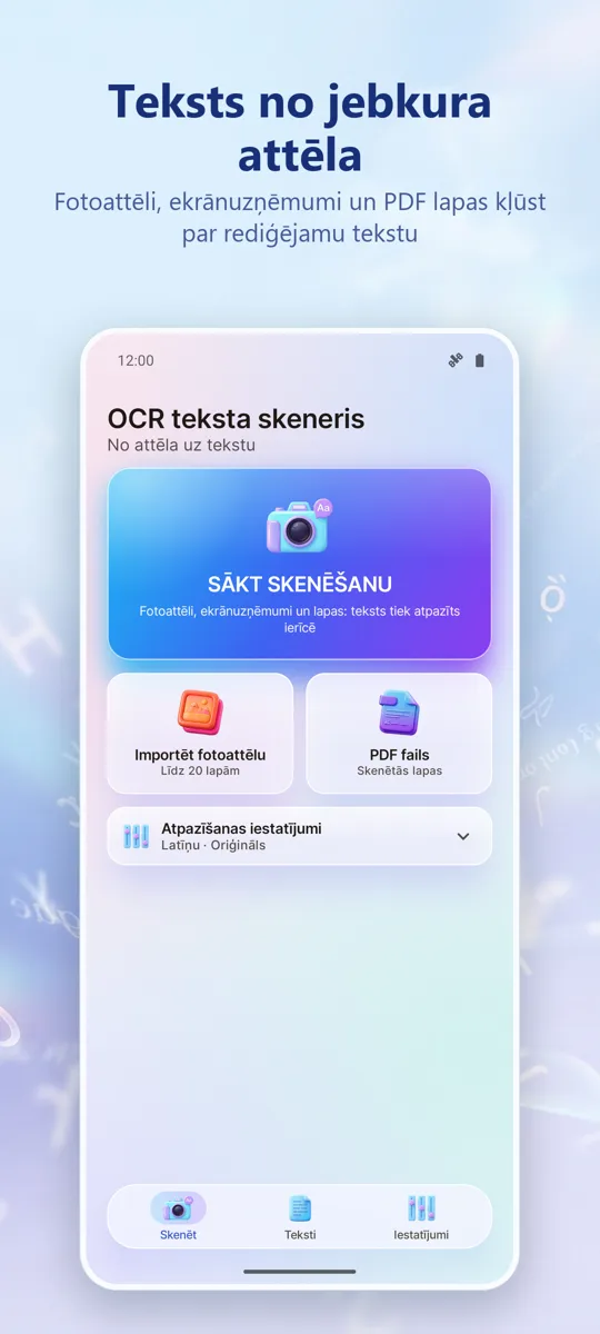 OCR Skeneris: Attēls uz tekstu: galvenais ekrāns