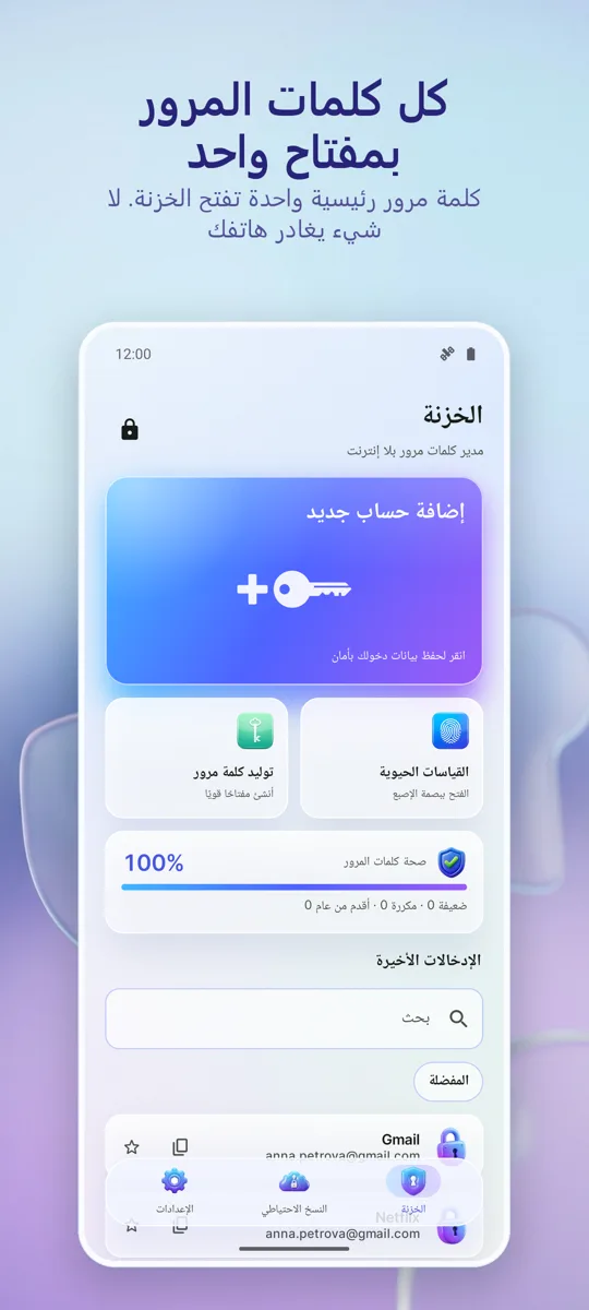 مدير كلمات المرور: الخزنة: الشاشة الرئيسية