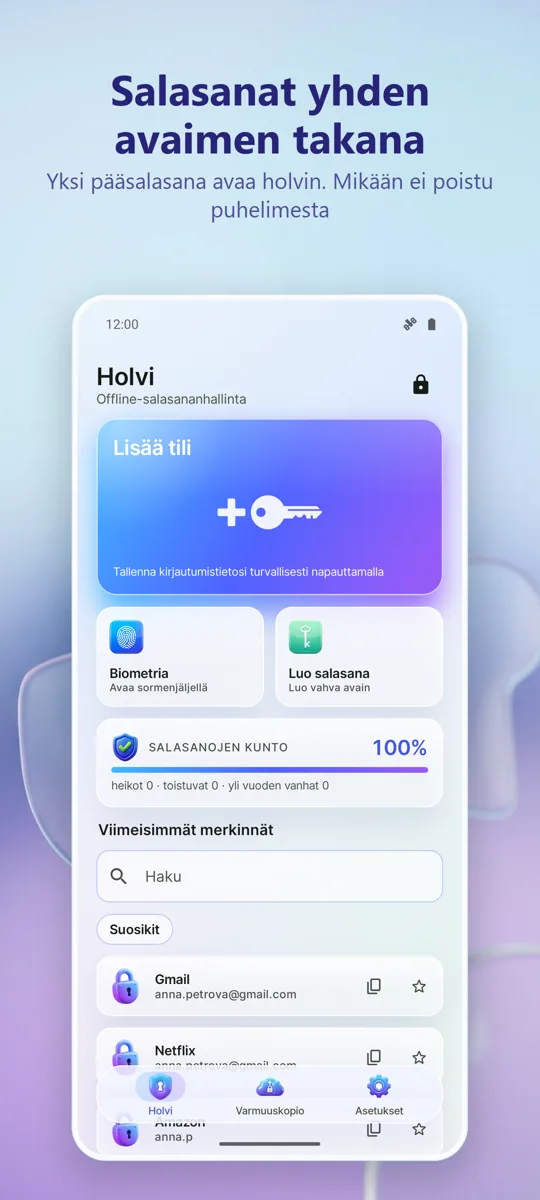 Salasananhallinta: Holvi: päänäkymä