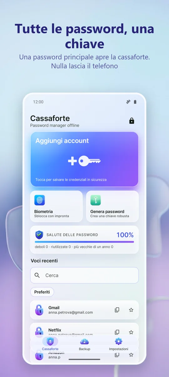Gestore Password: Cassaforte: schermata principale