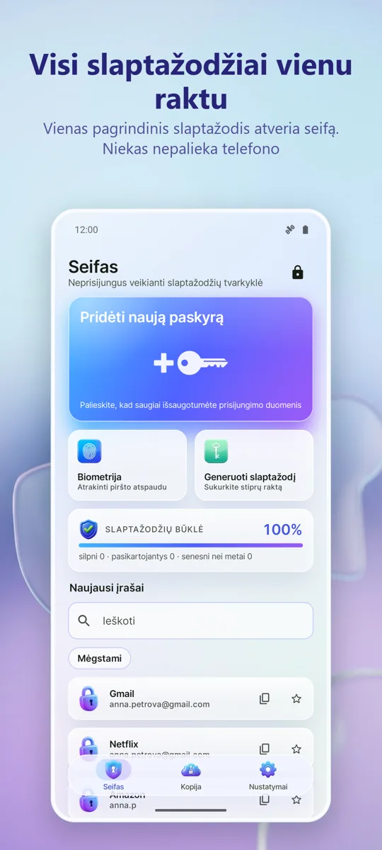 Slaptažodžių tvarkyklė: pagrindinis ekranas
