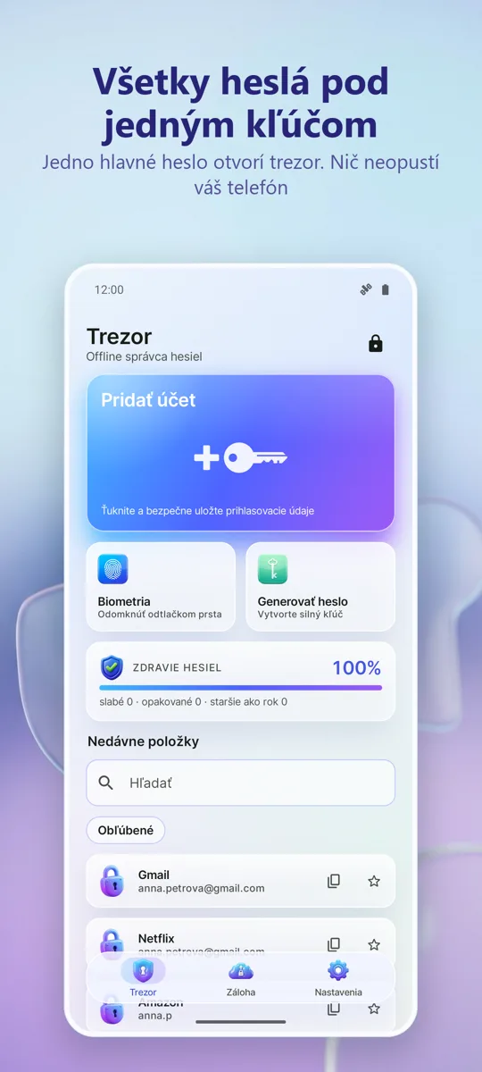 Správca hesiel: Trezor: hlavná obrazovka
