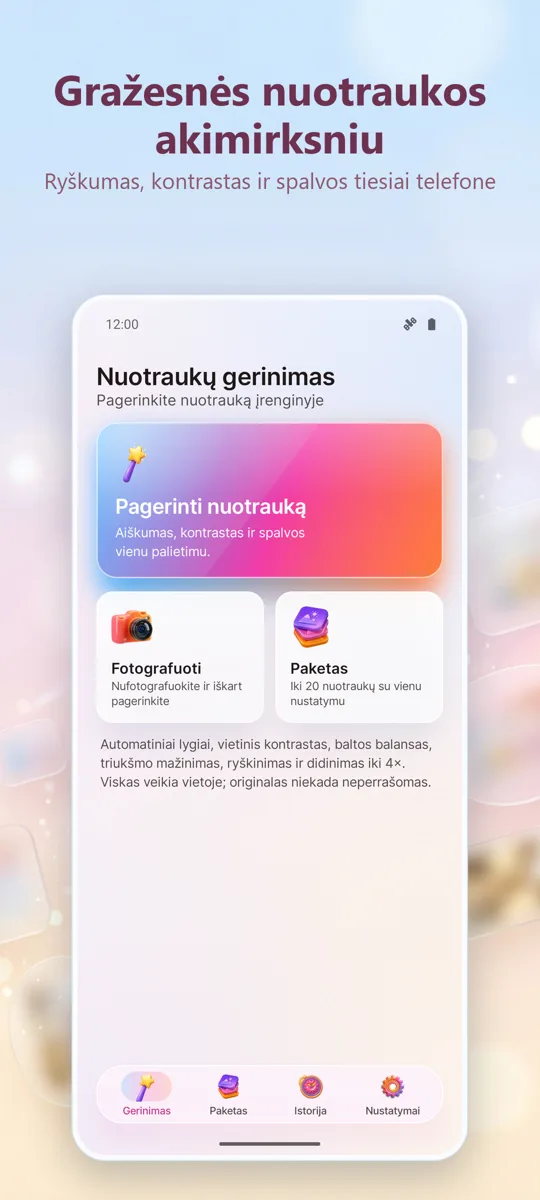 Nuotraukų Gerinimas: pagrindinis ekranas