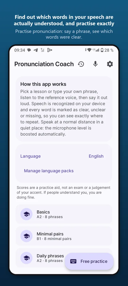 Pronunciation Coach — main screen