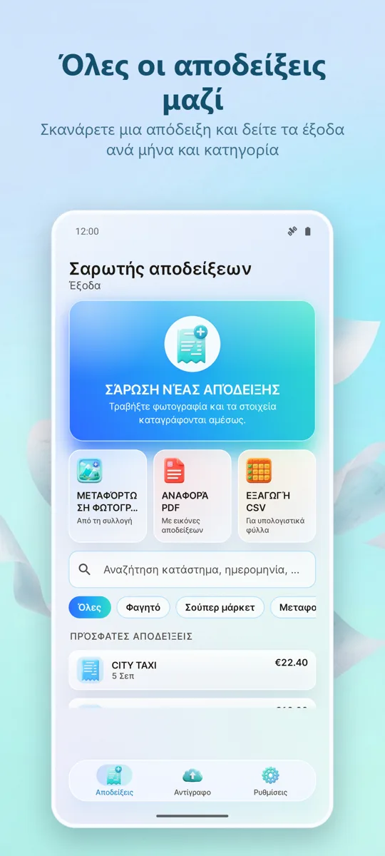 Σαρωτής Αποδείξεων: Έξοδα: κύρια οθόνη